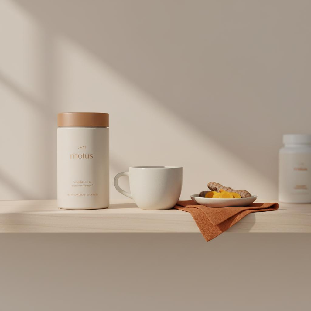 Minimalist kitchen shelf with the Tonum supplement jar beside a ceramic teacup and bowl of fresh turmeric slices on a beige background — natural liver detox side effects