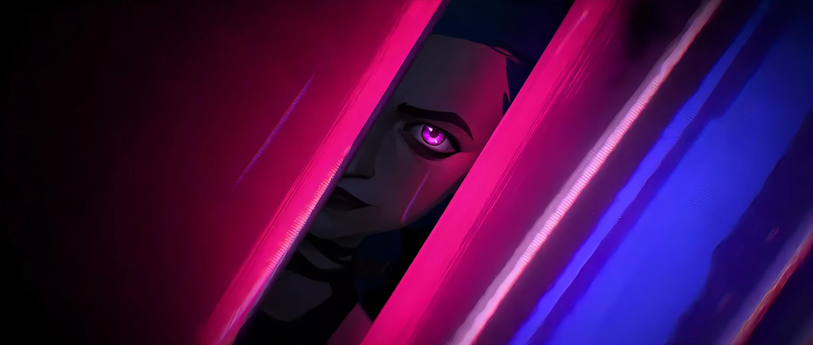 Jinx Peering Through Neon Lights - Animated Digital Art 2K Wallpaper (3840x1632)