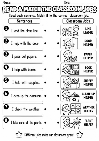 Read and Match Classroom Jobs Worksheet