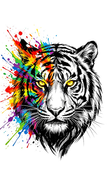 Abstract Tiger Head Illustration with Vibrant Rainbow Paint Splashes on White - Free mobile Wallpaper