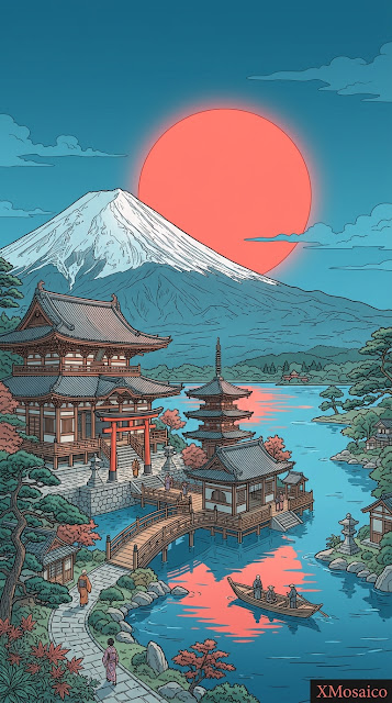 Mount Fuji Red Sun Traditional Line Art - Free mobile Wallpaper