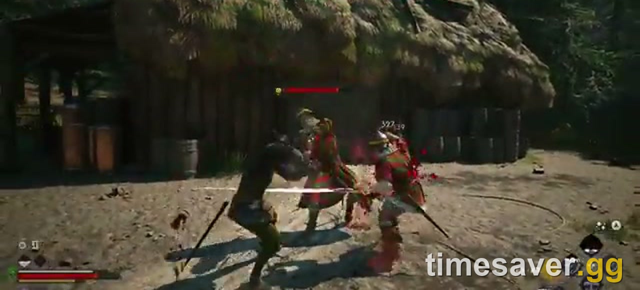 Daytime sword combat in a Vale Sangora village in The Blood of Dawnwalker, where Coen's Witchcraft hexes are active