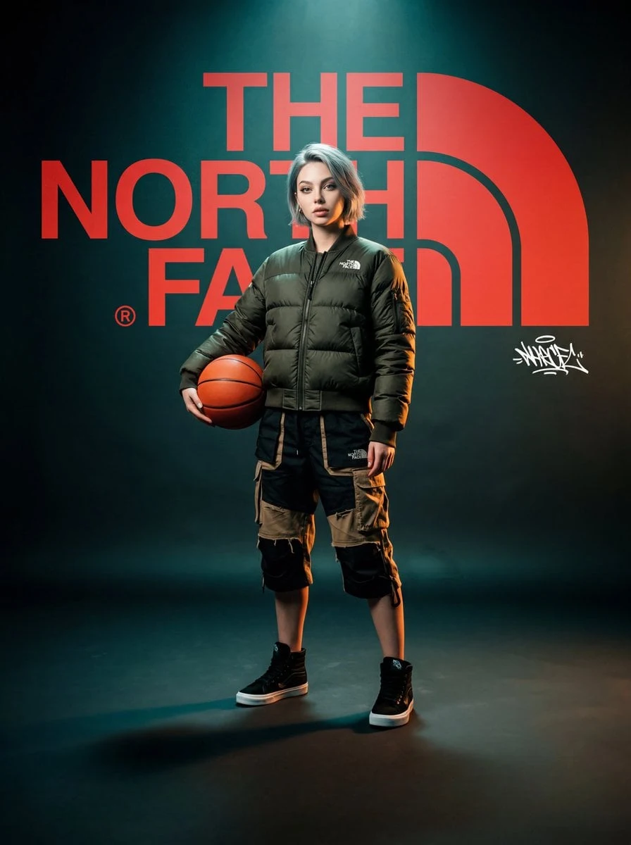 Un póster conceptual de alta costura y estilo cinematográfico para "The North Face". La escena muestra a una mujer en la imagen subida...