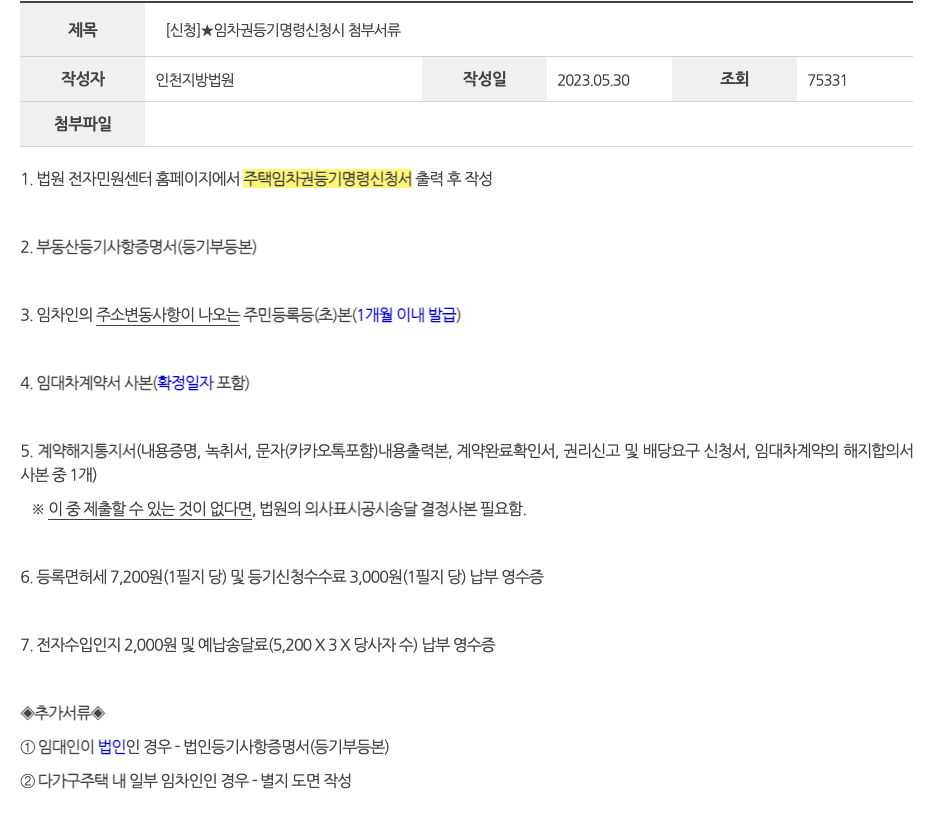 대법원 누리집의 임차권등기명령 신청 방법 비용 안내 화면