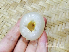 Vải thiều các bạn bóc thật sạch vỏ, nhẹ nhàng dùng tay tách bỏ phần hạt bên trong quả vải. Dùng 1 hạt sen, nhẹ nhàng nhồi trở lại vào bên trong phần thịt quả vải đã được tách bỏ hạt, làm lần lượt cho đến khi đủ số lượng quả vải nhồi hạt sen cần dùng.