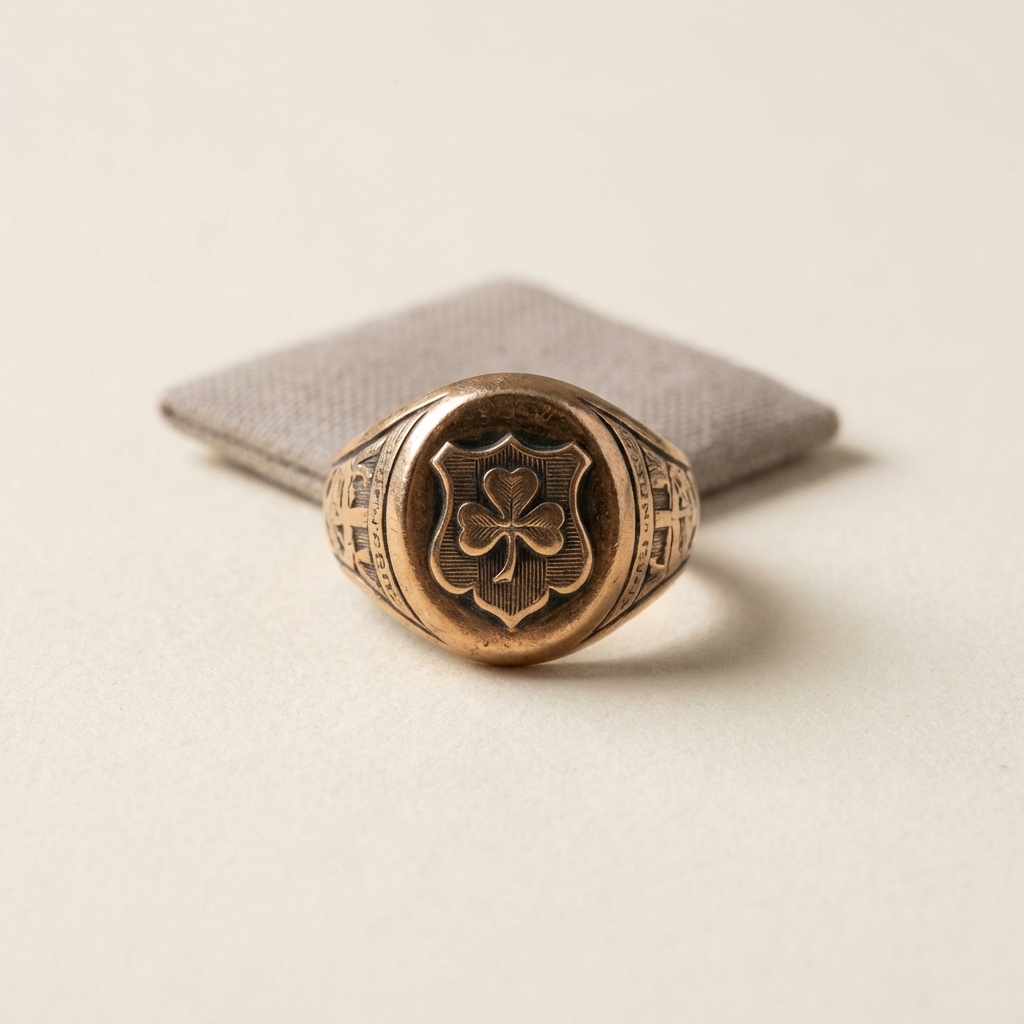 ancient order of hibernians ring close up on cream background with warm gold patina and subtle bronze accents minimal studio product shot