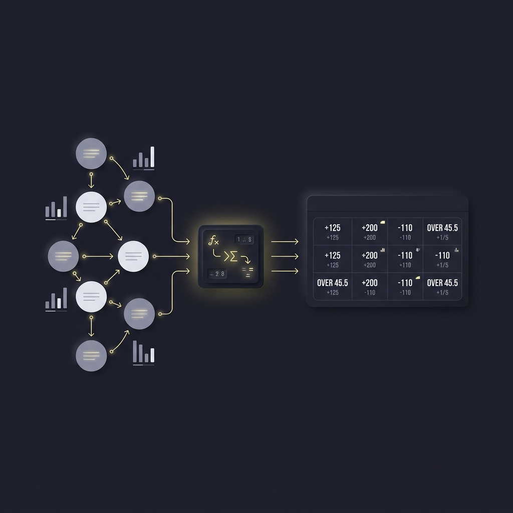 How Sportsbooks Build a Betting Line schematic showing a clean power rating model feeding a modern odds board on a dark Funded Plays style background with minimalistic layout