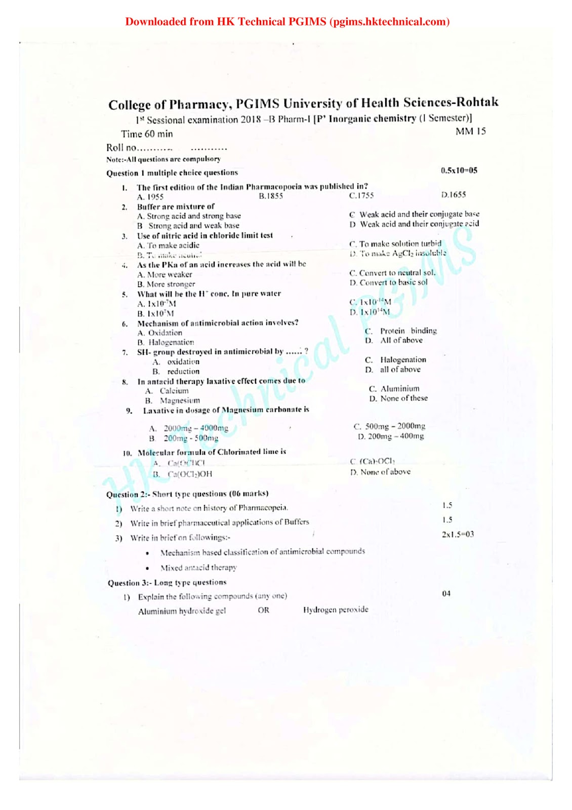 Ist sess All Subject 1st Semester B.Pharmacy Previous Year's Question Paper,All Subjects,BPharmacy,Previous Year's Question Papers,BPharm 1st Semester,PGIMS Question Paper,