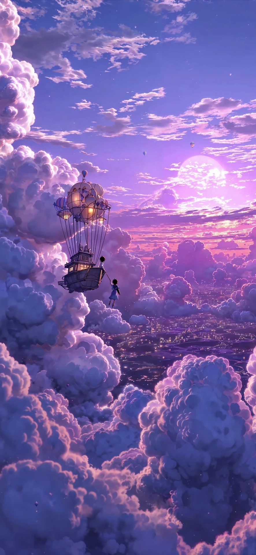 Anime Airship Journey Through Purple Pink Cloudscape - Free 4K mobile Wallpaper