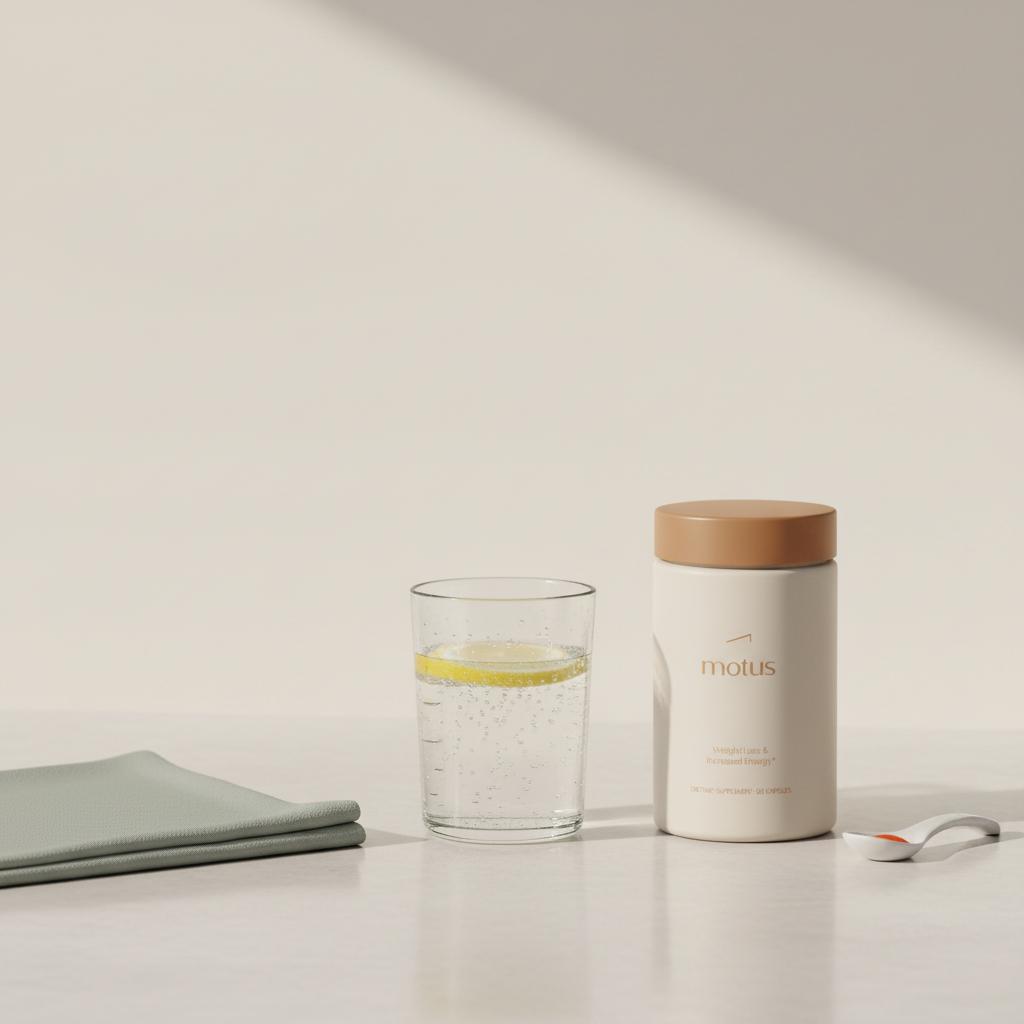 Minimal kitchen counter with sparkling water, lemon slice, napkin and Tonum Motus container suggesting a healthy alternative to sugar-sweetened beverages.