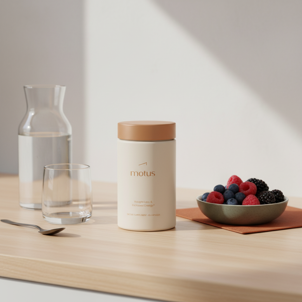 Minimalist still-life of Tonum Motus supplement bottle on wooden counter with bowl of berries and a glass carafe, natural light — lose weight on Adipex