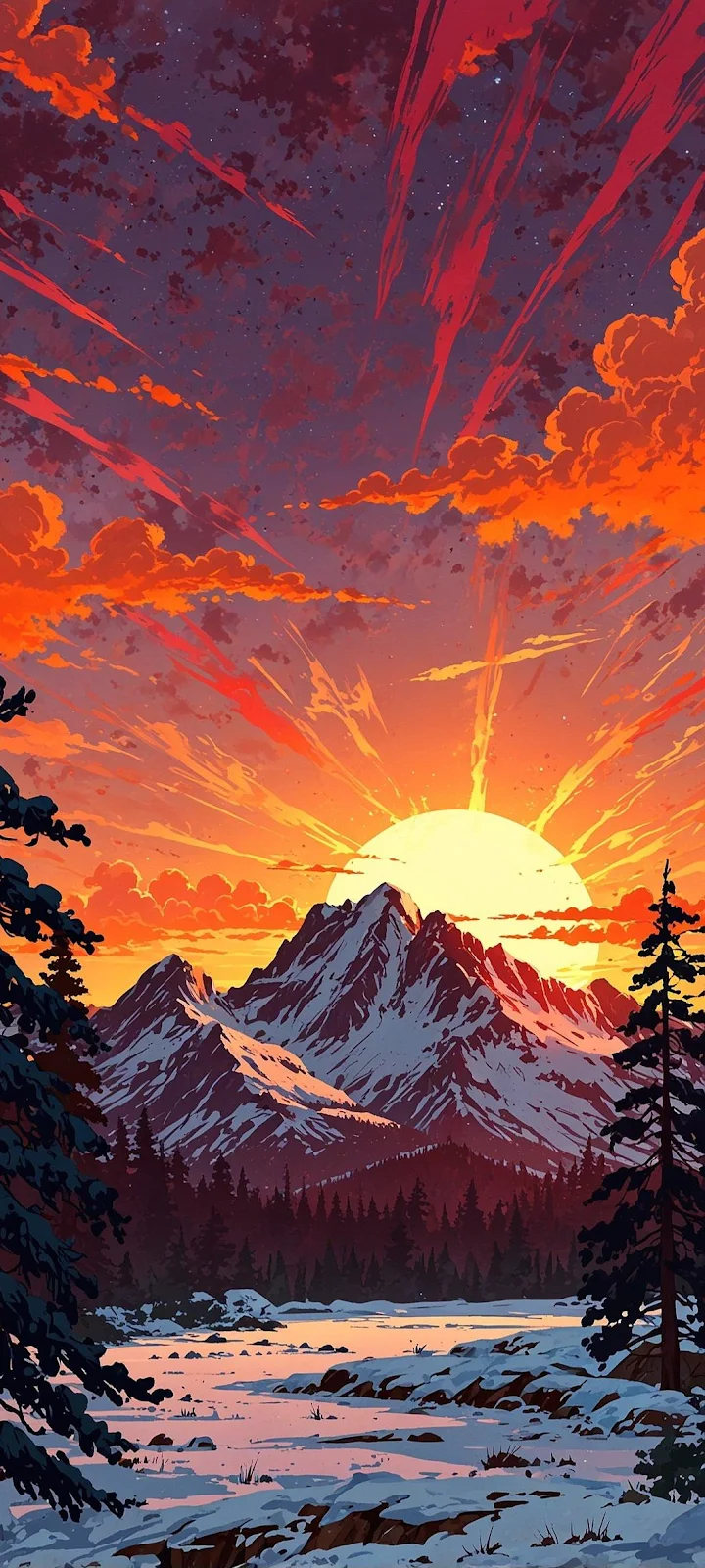 Snowy Mountain Peak At Sunset - Digital Art Illustration iPhone Wallpaper (1069x2375)