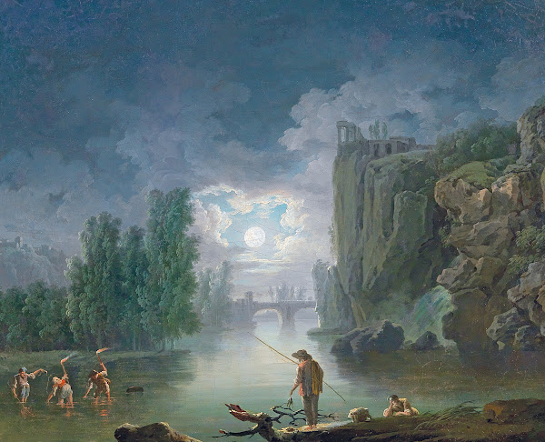 A moonlit river landscape with fishermen working by torchlight the Temple of Ves