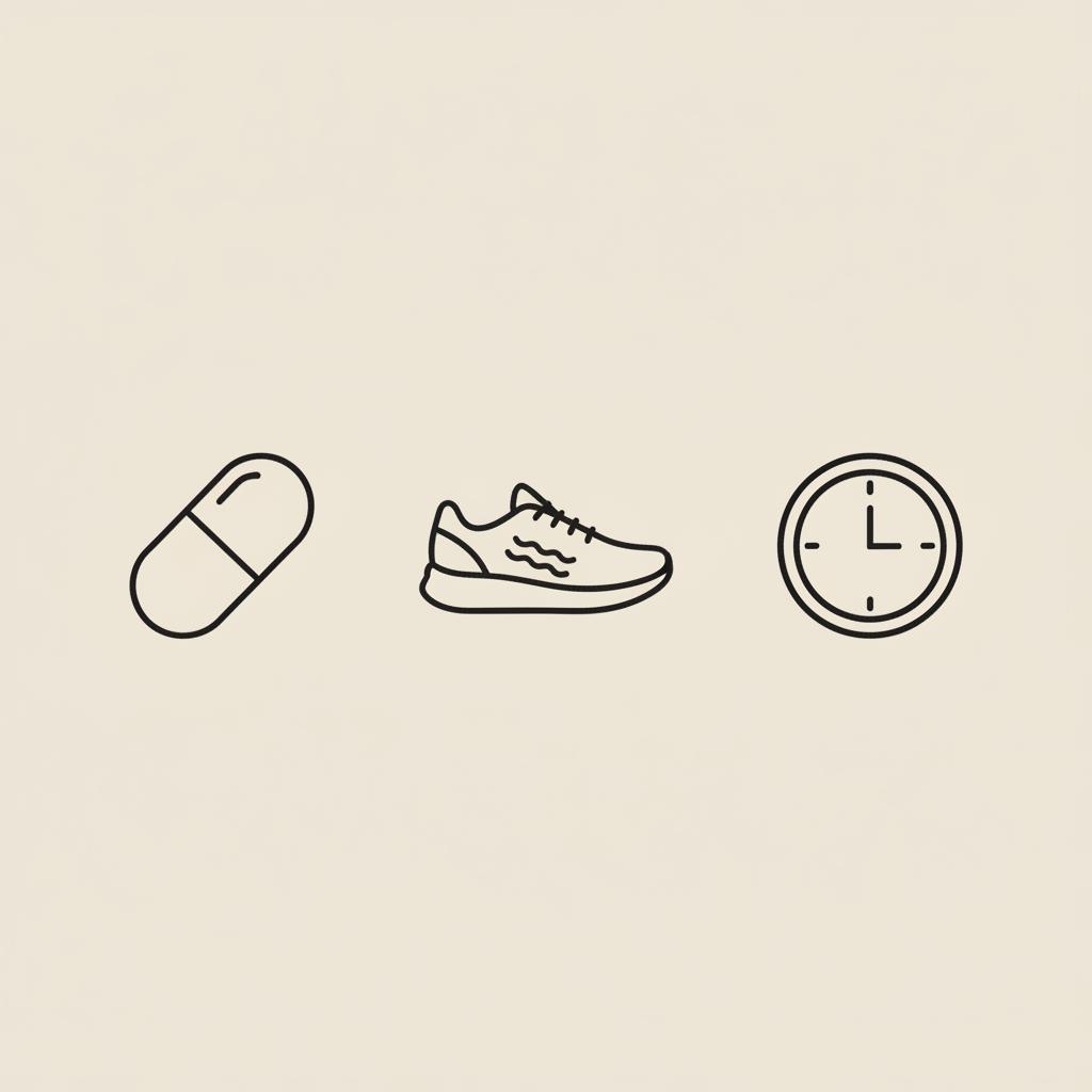 Minimal Tonum-style line illustration of a capsule, running shoe, and clock on beige background, symbolizing ways to activate AMPK naturally.