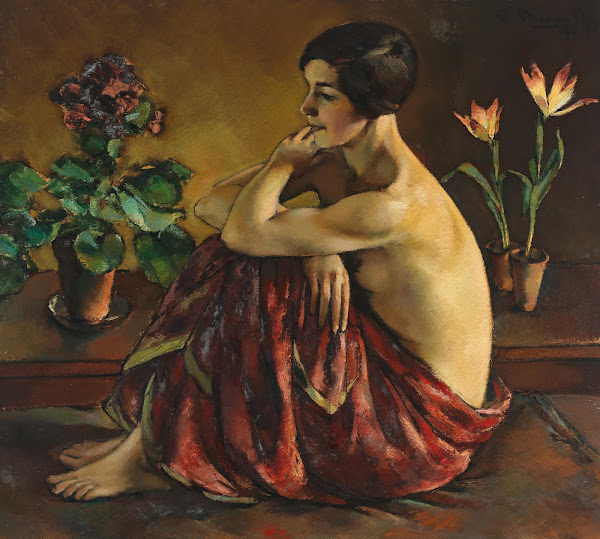 Sitting nude with red scarf 1920