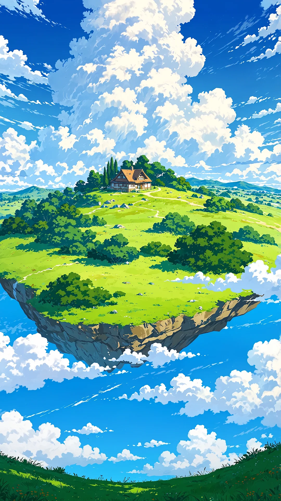 Floating Island with Cozy House in Sky - Free 4K mobile Wallpaper