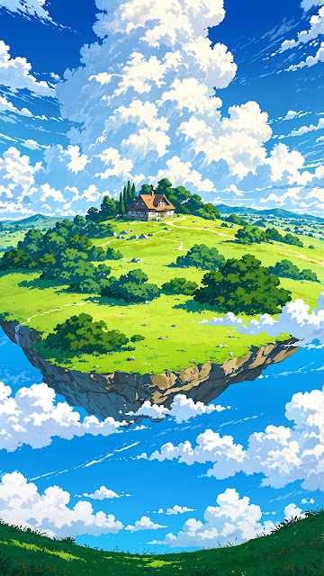 Floating Island with Cozy House in Sky - Free mobile Wallpaper