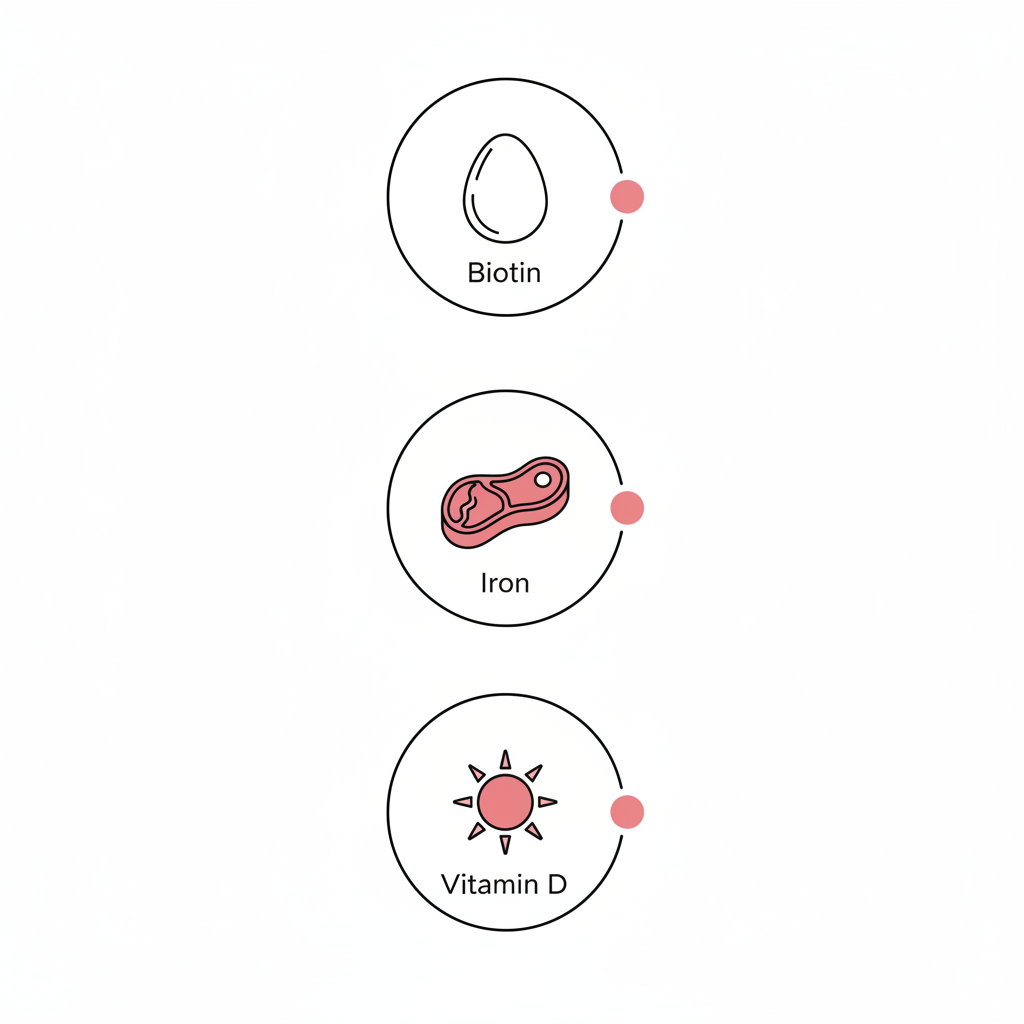 Infografik mit drei Vektor-Icons (Ei für Biotin, Leber/Steak für Eisen, Sonne für Vitamin D) auf weißem Hintergrund, minimalistisches Layout – Welches Vitamin fehlt bei brüchigen Nägeln?