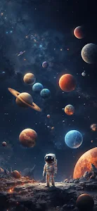 Astronaut Among Floating Planets in Deep Space