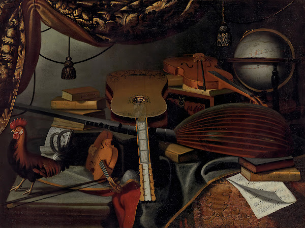 Musical instruments books music scores a globe and a rooster on a table draped w