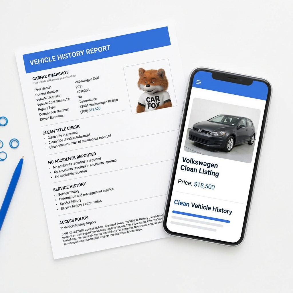 Close up of a printed vehicle history report beside a smartphone showing a Volkswagen listing on a clean white background for volkswagen car dealerships near me