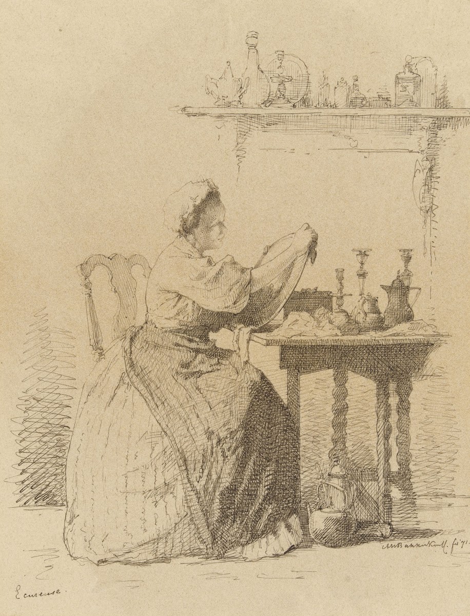 Dienstmeisje dat aan tafel zit te poetsen 1871