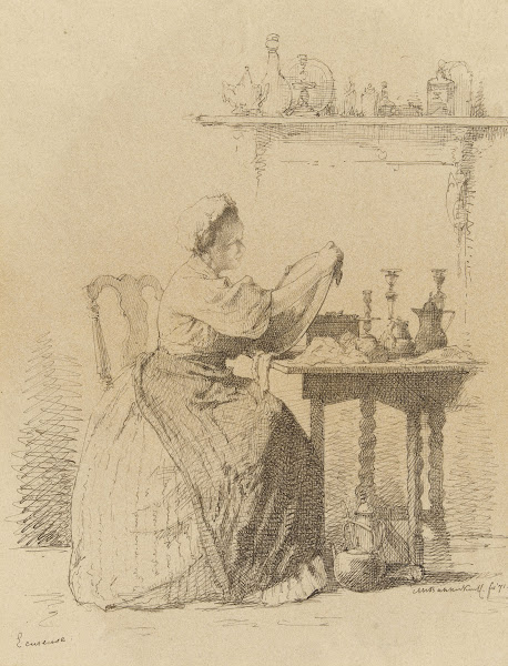 Dienstmeisje dat aan tafel zit te poetsen 1871