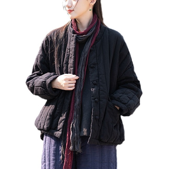 Damen-Steppjacke, Baumwoll-Leinen, Vintage-Stil, Stehkragen