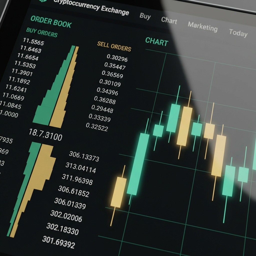 Close up photorealistic exchange order book and candlestick chart UI in Finance Police colors for crypto exchanges on dark background