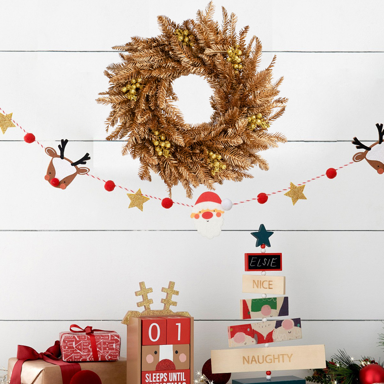 Golden Christmas Door Wreath, Artificial, Handcrafted