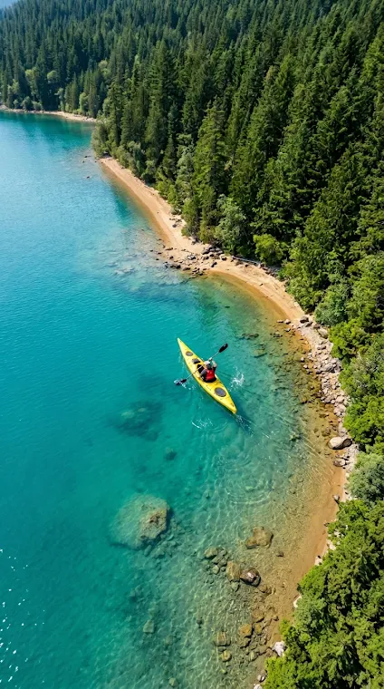 Aerial Top-Down of Kayaker on Clear Lake Shore