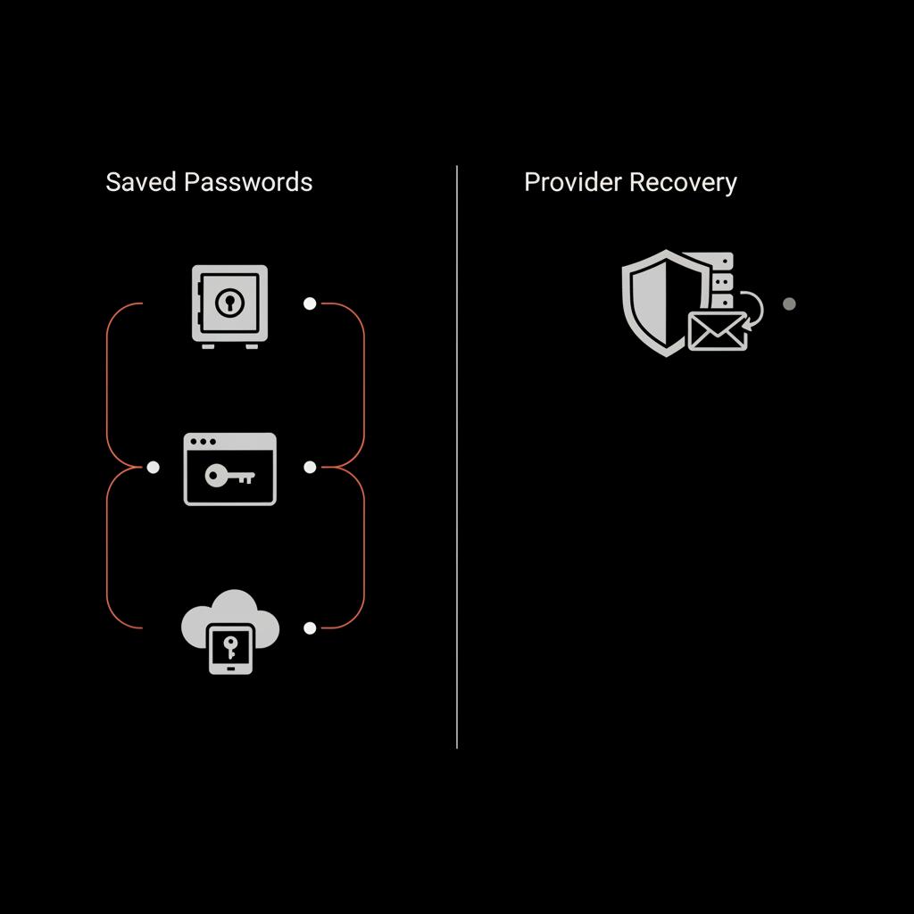 Minimal 2D vector infographic comparing saved passwords vs recovery with icons for local device vault, browser, third-party manager and provider recovery on black background — view email password on phone
