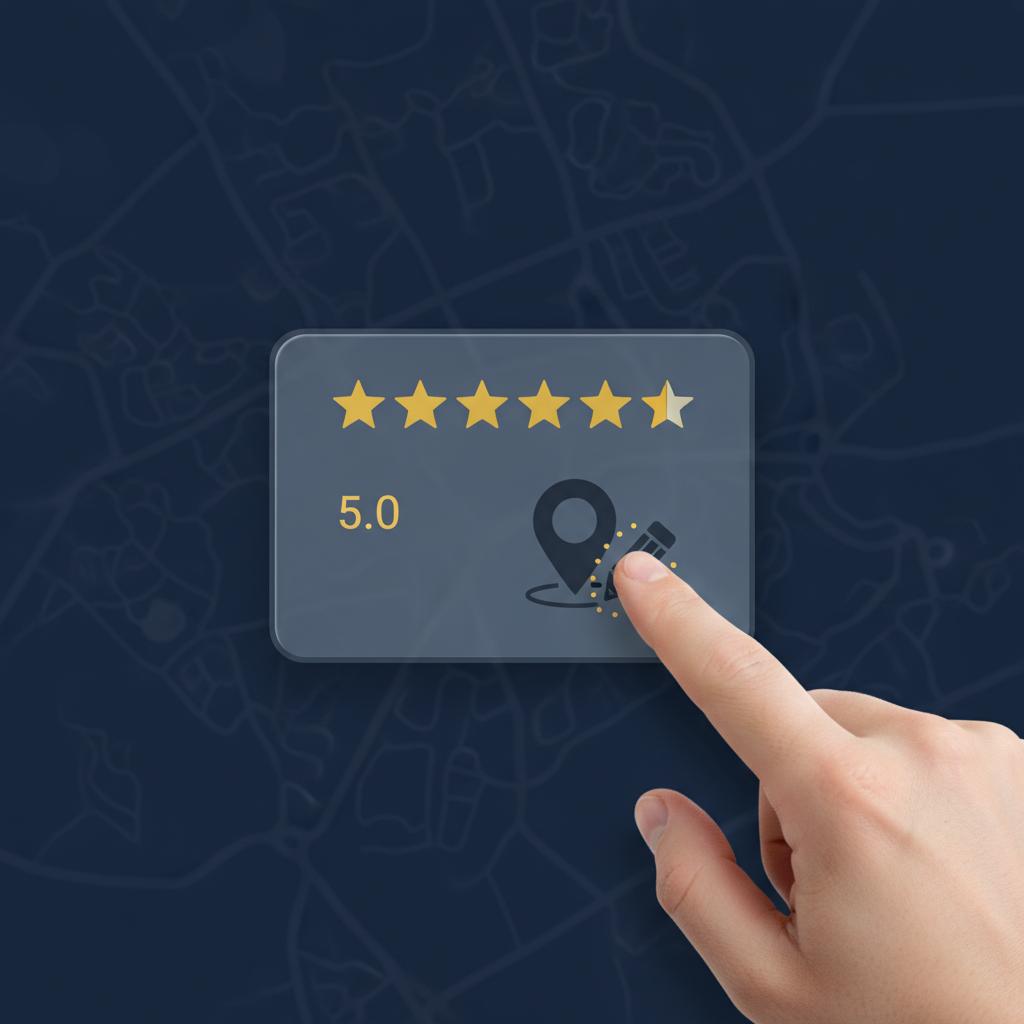 Minimal realistic screenshot of a map marker, review card with stars and a finger tapping an edit pencil to edit Google review, in Orvus Ltd. colors.