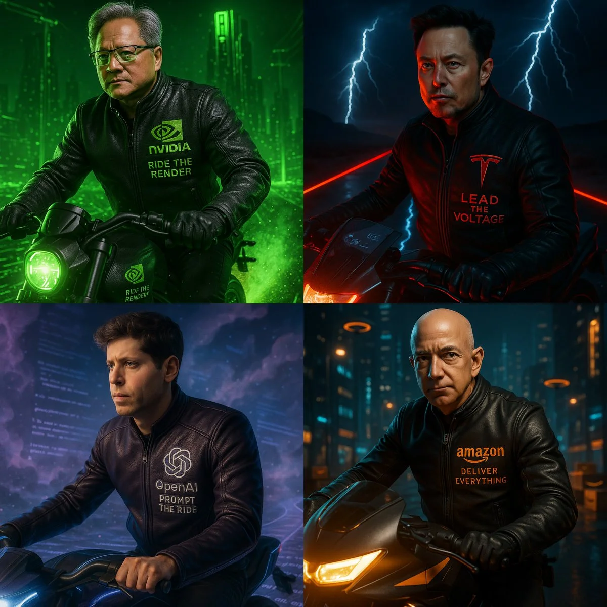 Escena cinematográfica: Líder icónico en una motocicleta eléctrica futurista