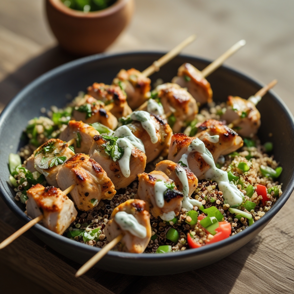 Final Mediterranean Chicken Skewer Bowl with Tzatziki & Quinoa Tabouli