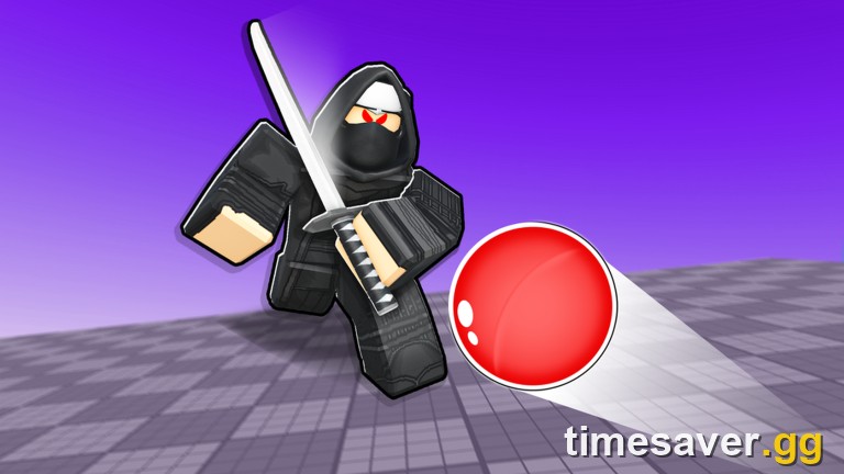 Blade Ball official thumbnail of a black-clad ninja with a katana parrying the red ball