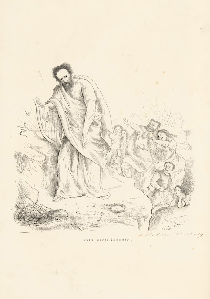 Man leunt op zijn harp terwijl hij wordt bespot 1865