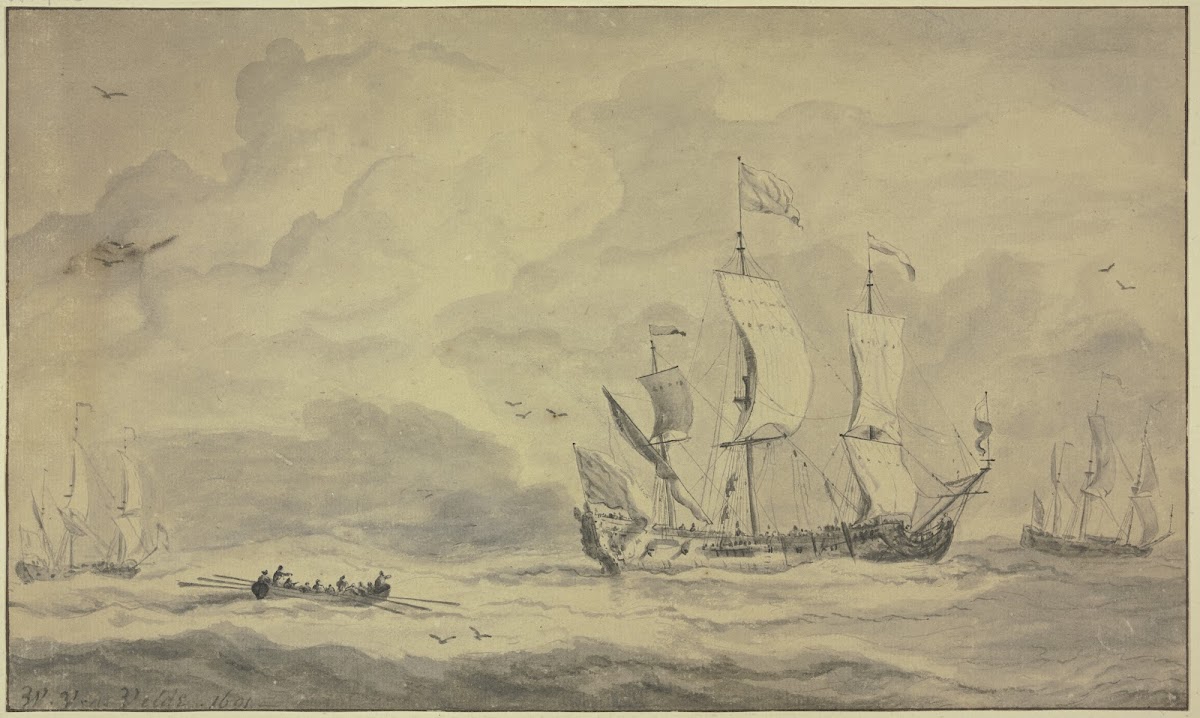 Ein Dreimaster nach rechts segelnd dahinter ein Ruderboot 1691