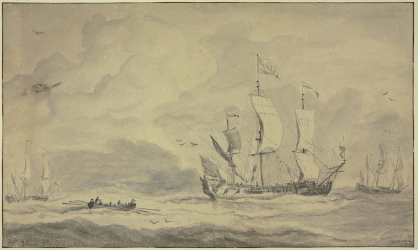 Ein Dreimaster nach rechts segelnd dahinter ein Ruderboot 1691