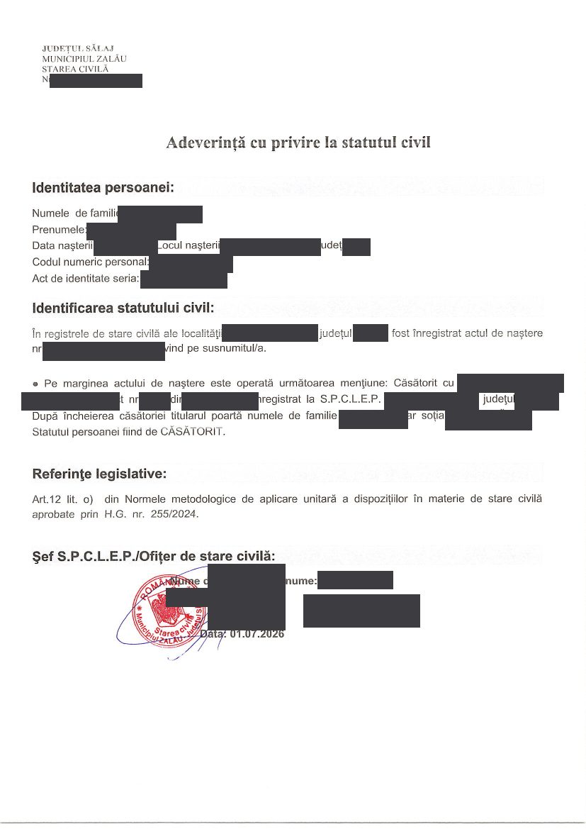 Model adeverință privind statutul civil cu mențiune de căsătorie, document anonimizat