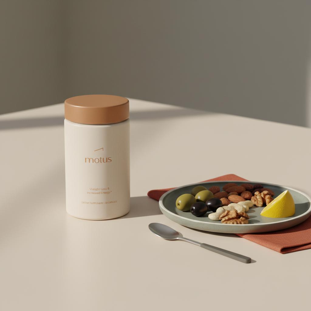 does the liver help burn fat: Motus supplement jar on a minimalist tabletop with olives, nuts and a lemon wedge, subtle Tonum colors on #F2E5D5 background.