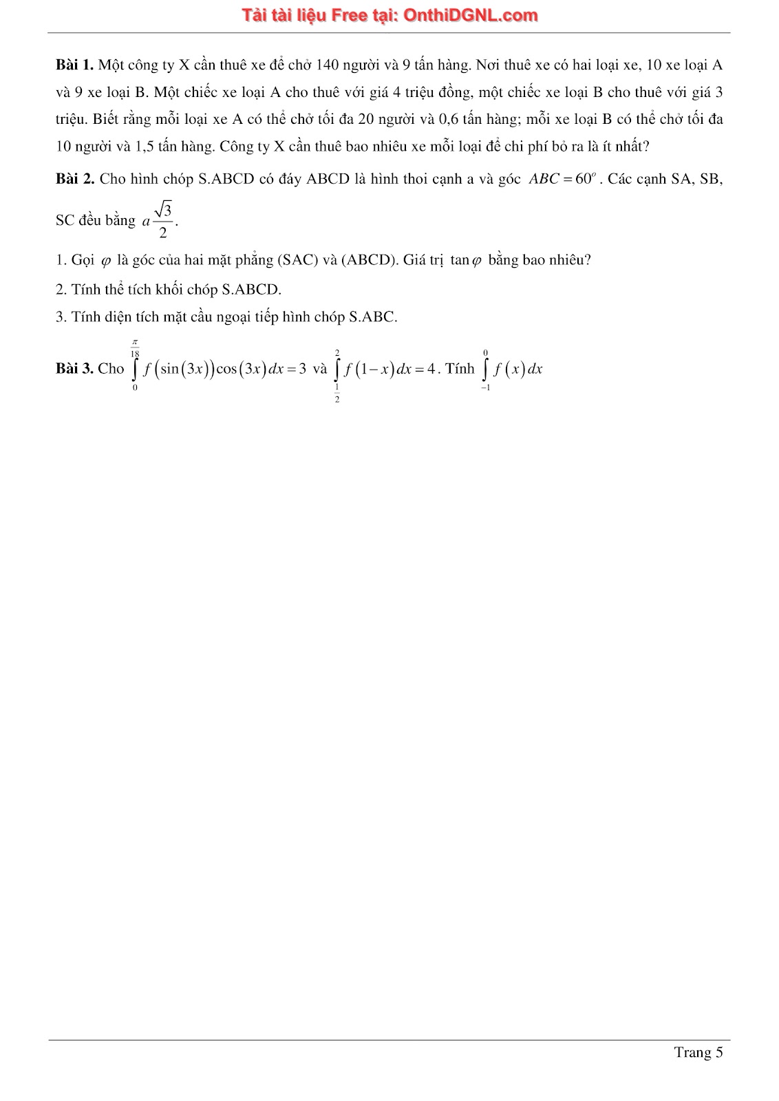 475 bài tập môn Toán - Ôn thi ĐGTD ĐH Bách Khoa Hà Nội Phần 2