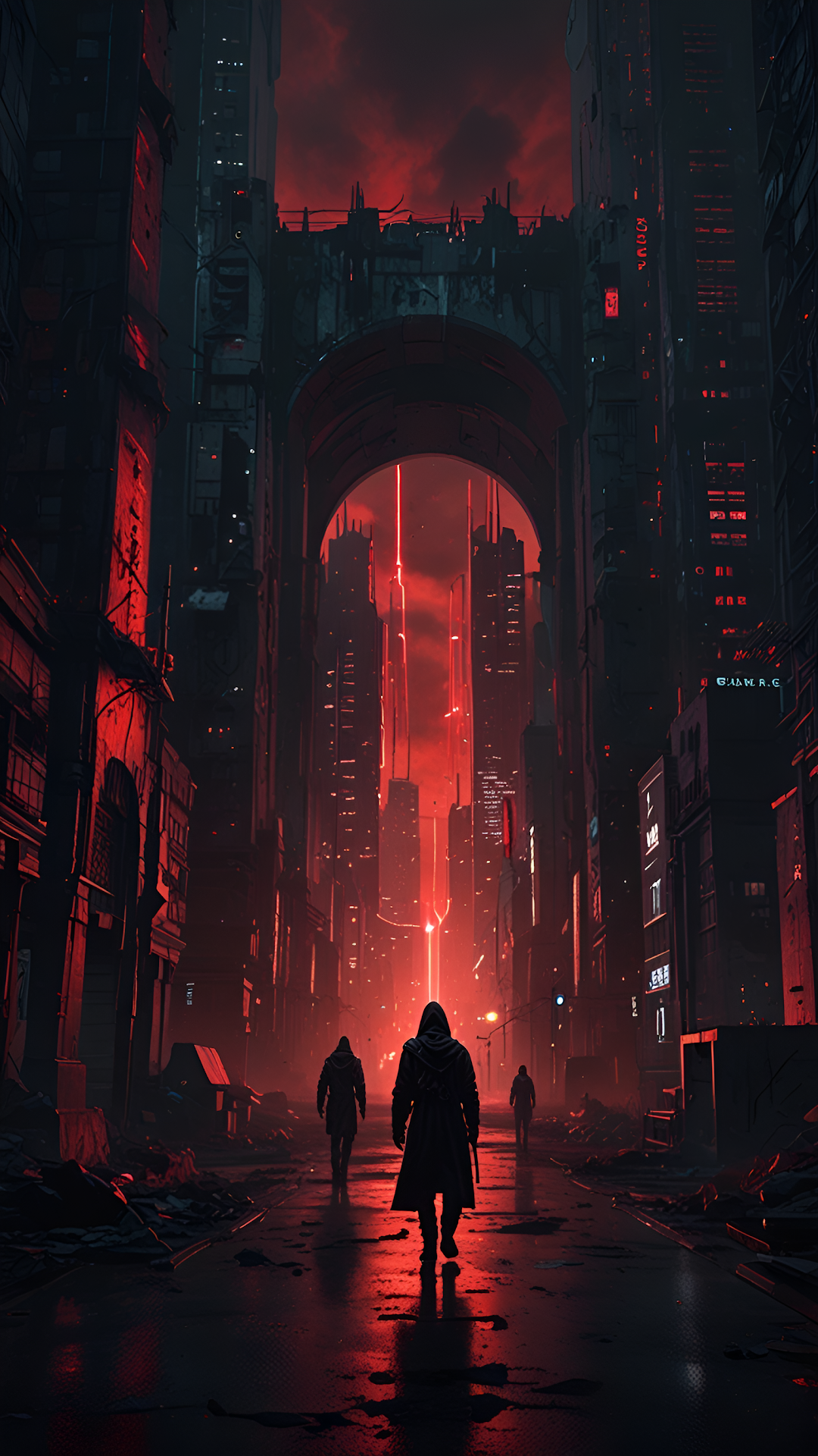 Hooded Figures Walking Dystopian Cyberpunk City Red Glow - Free 4K mobile Wallpaper