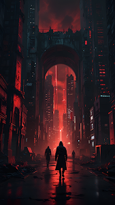 Hooded Figures Walking Dystopian Cyberpunk City Red Glow