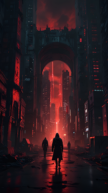 Hooded Figures Walking Dystopian Cyberpunk City Red Glow - Free mobile Wallpaper