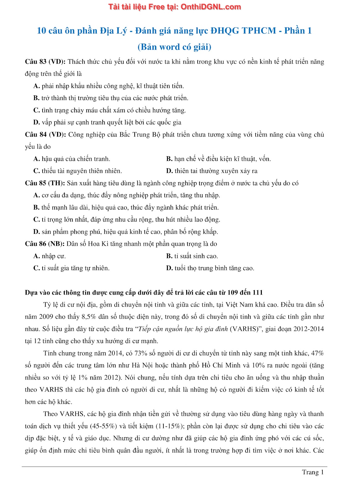 250 bài tập môn Địa Lý - Ôn thi ĐGNL ĐHQG TP HCM Phần 1