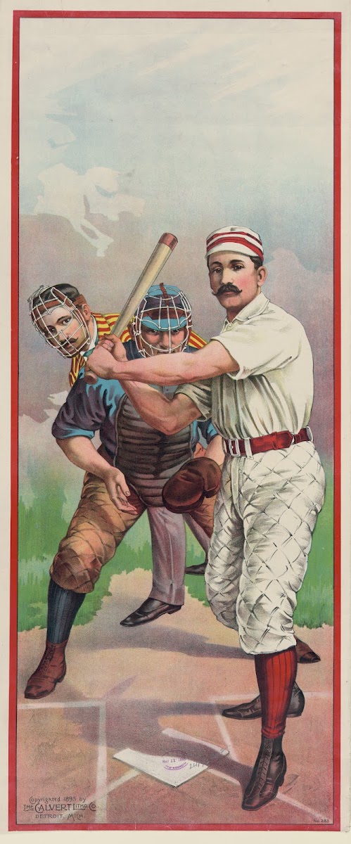 Baseball player at bat in front of catcher and umpire 1895