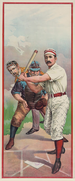Baseball player at bat in front of catcher and umpire 1895