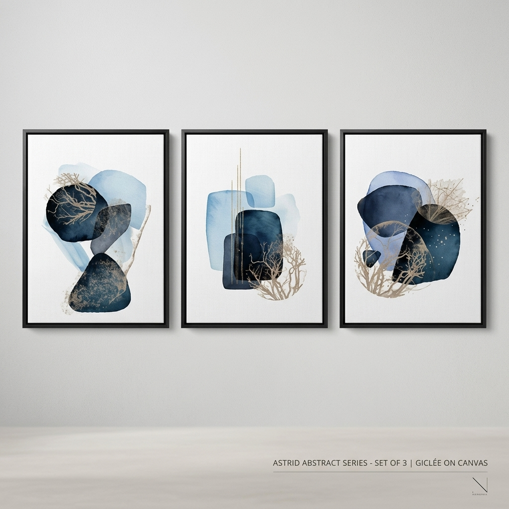 Set of 3 Modern Abstract Canvas Wall Art (40x60cm each) – Indigo Blue & Gold Leaf Botanical Watercolor Triptych