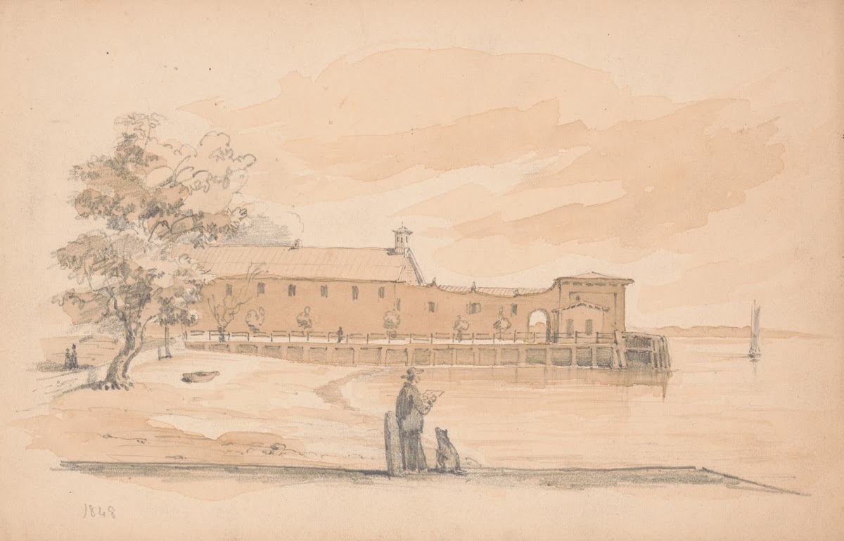 Man sketching on a wharf with a dog seated next to him 1848